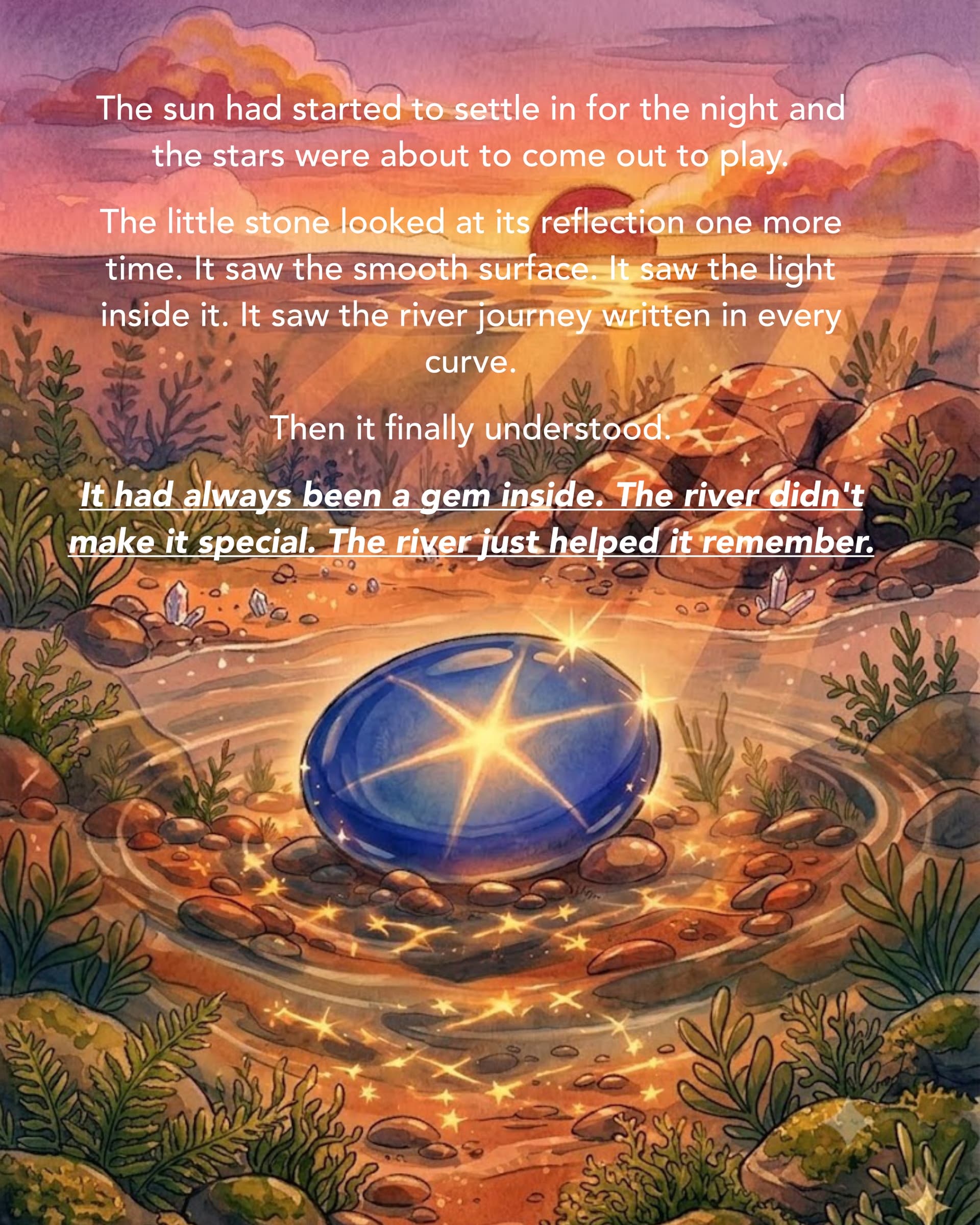 Rising Star journal front cover: a blue star stone in a sunset river, with the line that it had always been a gem inside.