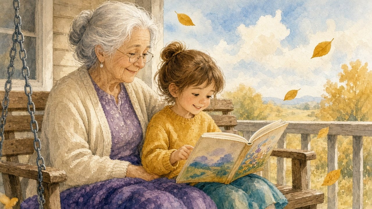 Watercolor of a silver-haired grandmother on a porch swing listening patiently as a young girl reads a picture book aloud, with golden autumn leaves drifting down