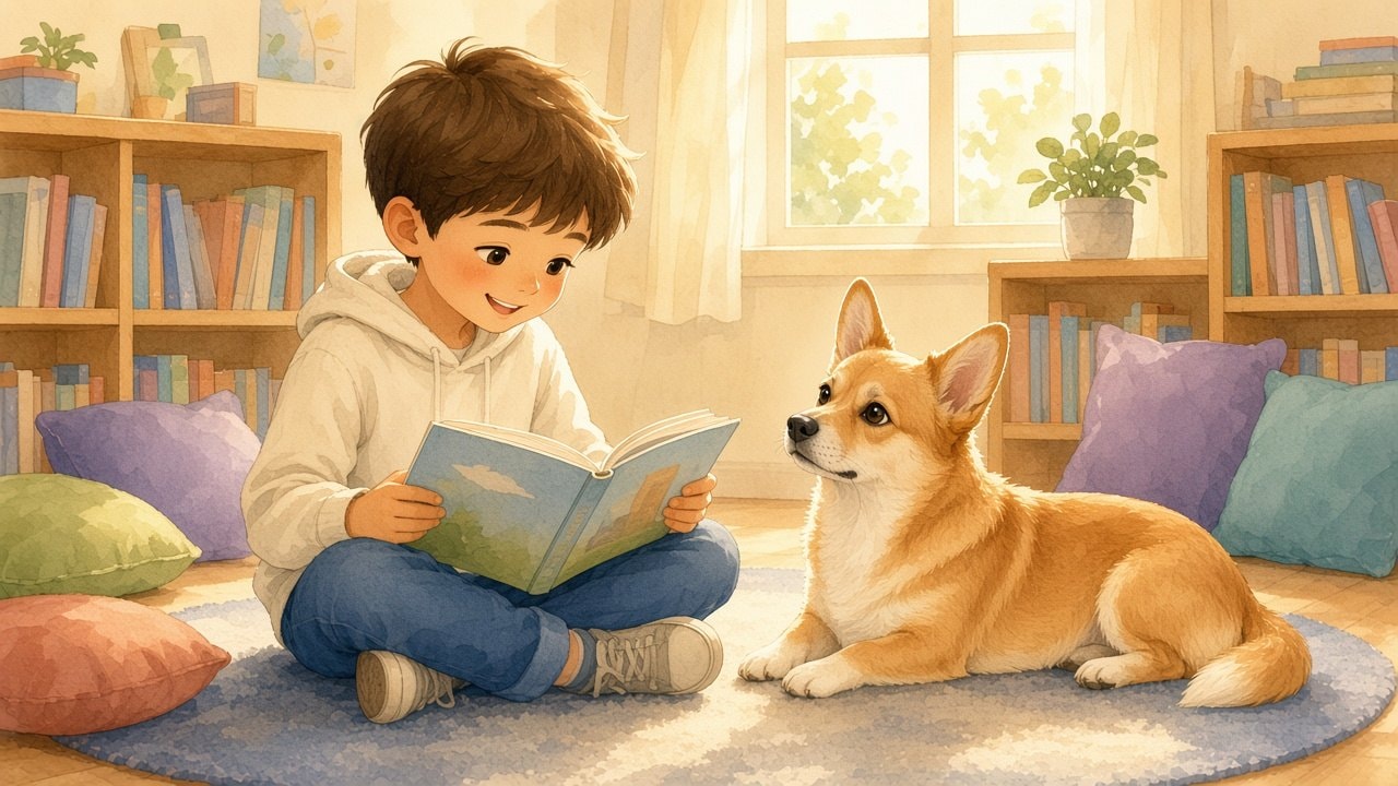 Watercolor of a smiling boy sitting cross-legged on a library rug reading a picture book aloud to a small red-gold dog with a cream chest who listens with his head tilted