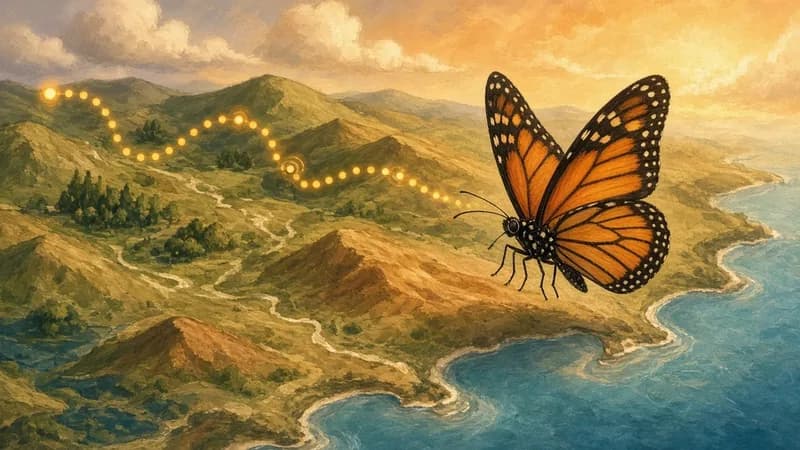 A monarch butterfly flying over green hills toward a blue coastline, with a dotted trail of glowing points behind it