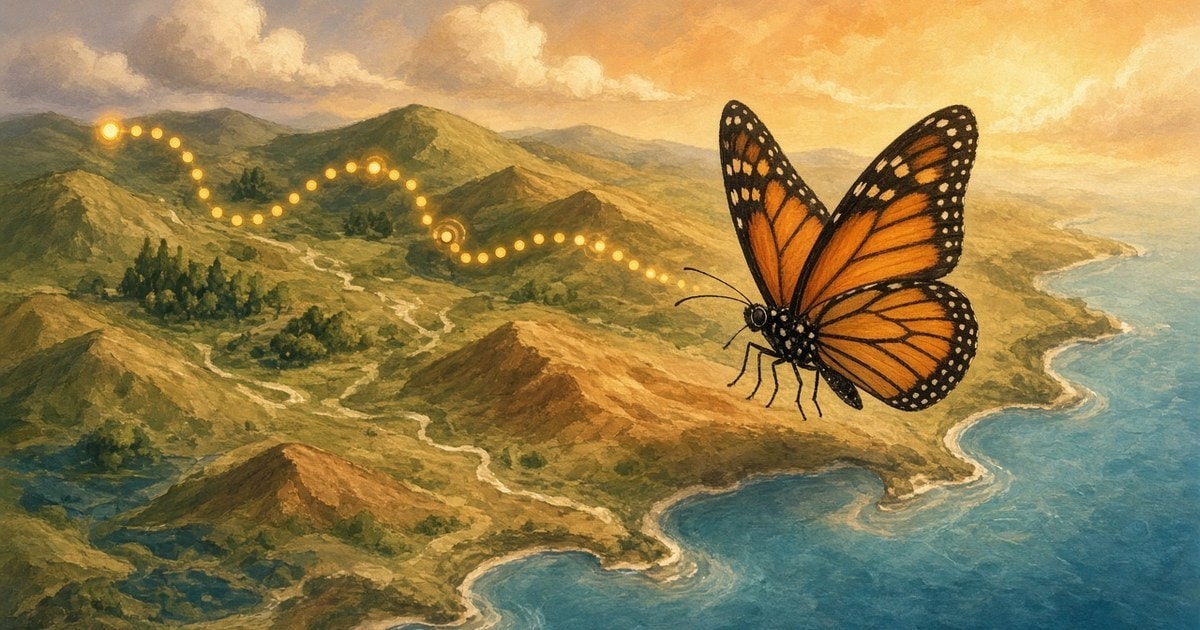 Illustration of a monarch butterfly flying over green hills toward a blue coastline, with a dotted trail of glowing points marking its path