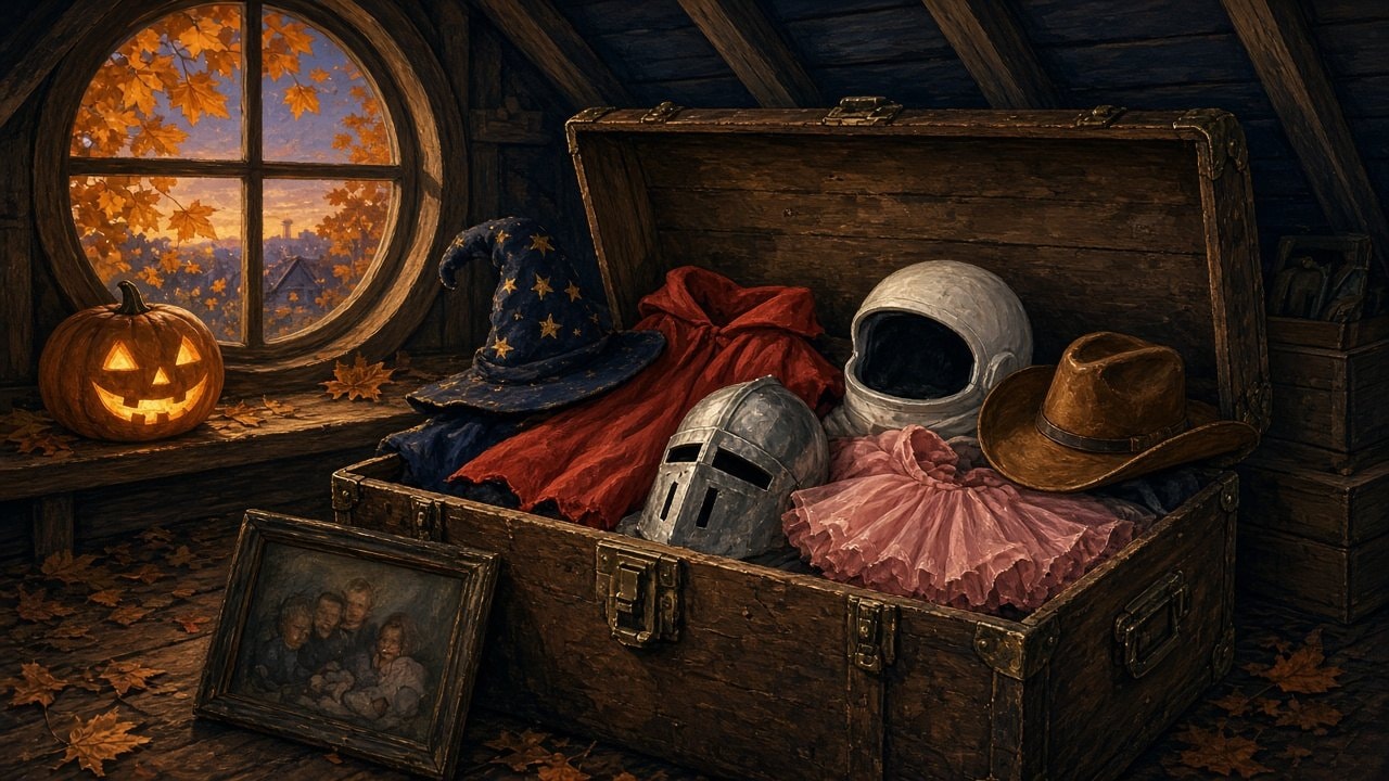 An open wooden trunk in a cozy attic filled with old homemade costumes: a starry wizard hat, a red cape, a cardboard knight helmet, a pink tutu, a white astronaut helmet and a cowboy hat, beside a glowing jack-o'-lantern