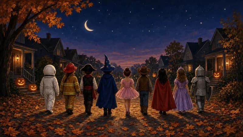 Children in homemade Halloween costumes, seen from behind, walking down a leaf-covered street under a crescent moon