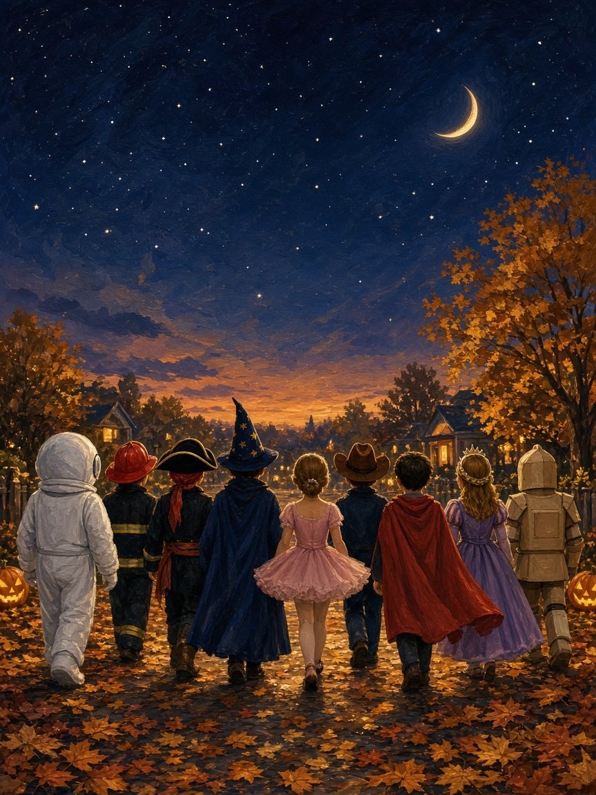 Children in homemade costumes walking toward a glowing sunset under a deep starry sky with a crescent moon