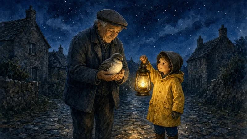 Watercolor-style illustration of a grandparent in a flat cap and a child in a yellow raincoat on a dark village lane at night, the child holding a glowing lantern while the grandparent gently cradles a small seabird