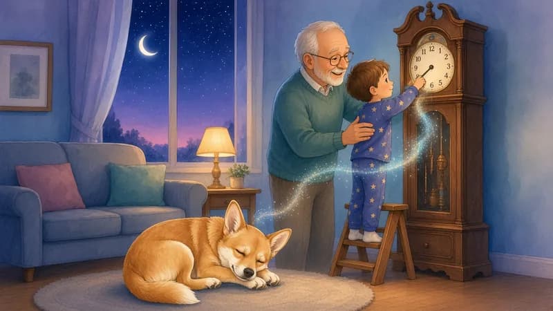Watercolor of a grandfather and a small child in star pajamas turning back the hands of a tall wooden grandfather clock at night, a shimmering ribbon of light curling out of the clock while a small red-gold dog naps on the rug
