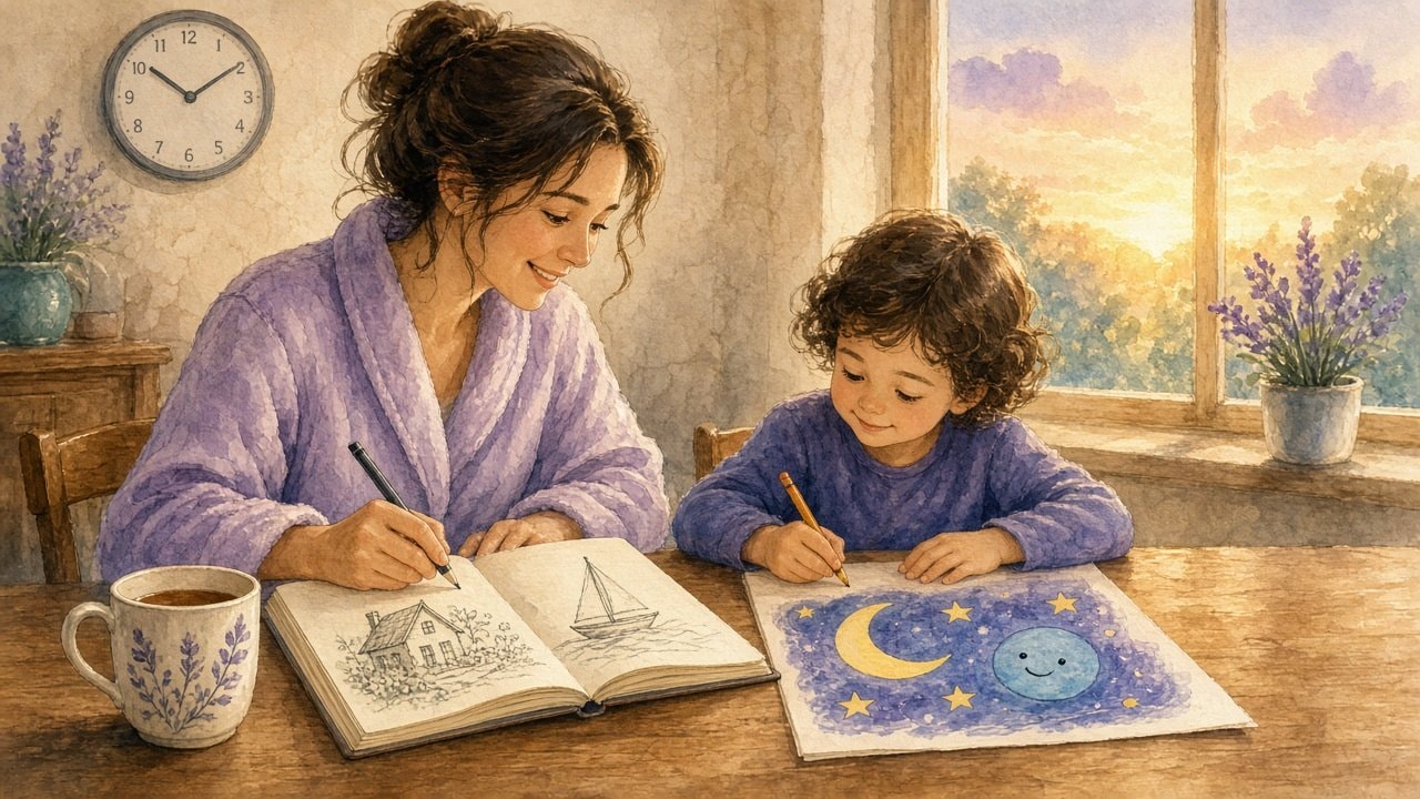Watercolor of a woman in a lavender robe sketching a cottage and a sailboat in a notebook at a sunny kitchen table, beside a child drawing a moon and stars