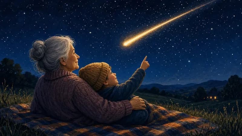 A grandmother and a young child lying on a plaid blanket under a starry sky, the child pointing up at a bright shooting star