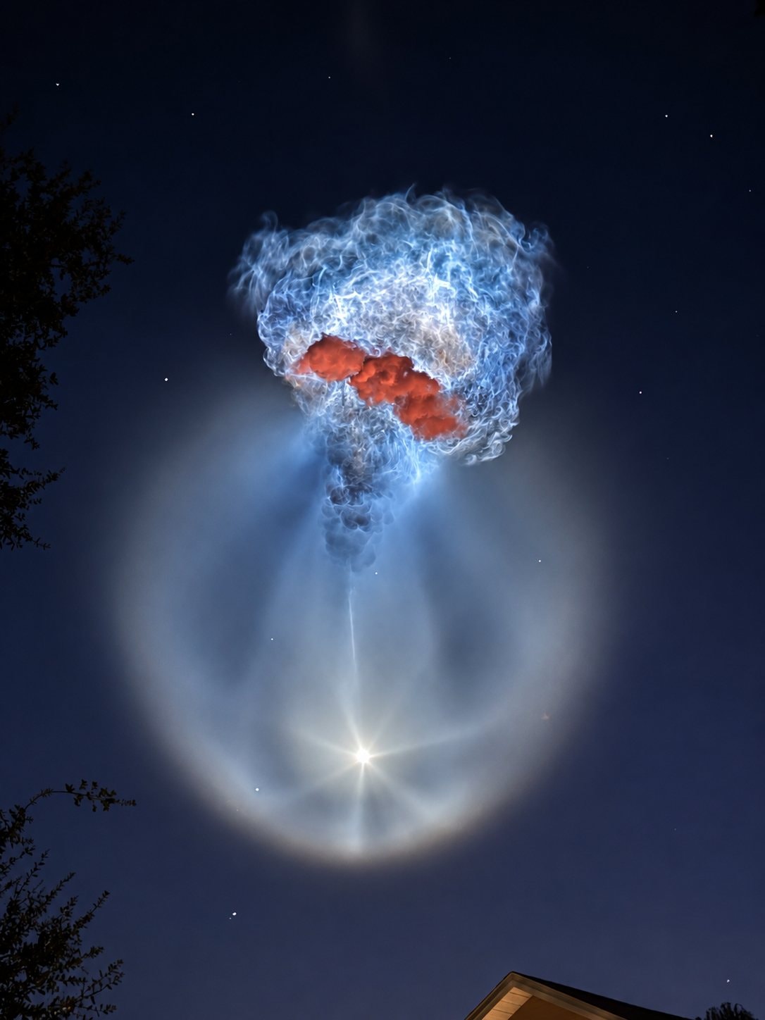 A huge, soft halo of light glowing below a rocket plume, with a bright starburst shining at its center