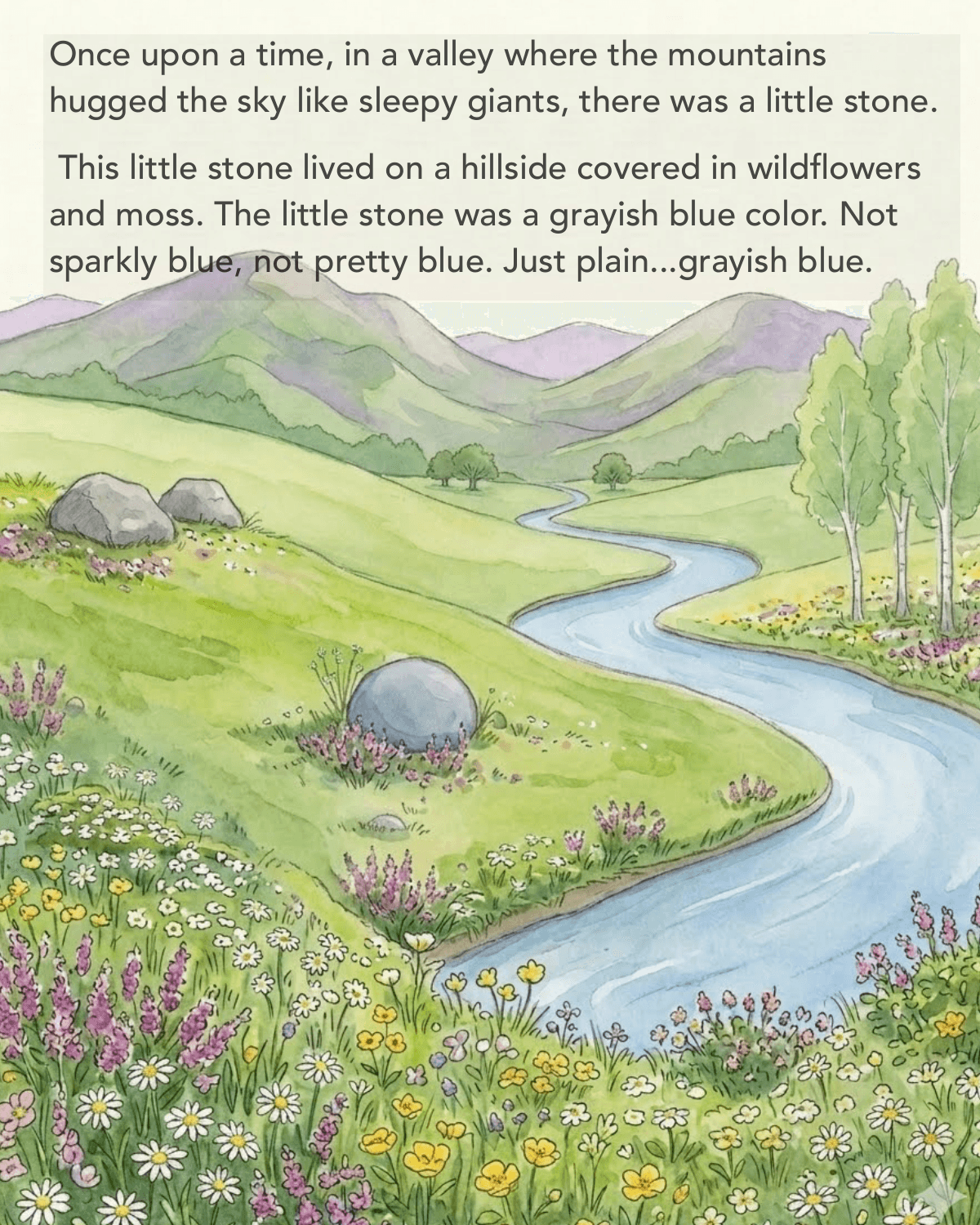 Interior watercolor of a hillside of wildflowers and a plain gray-blue stone, with the story's opening lines.