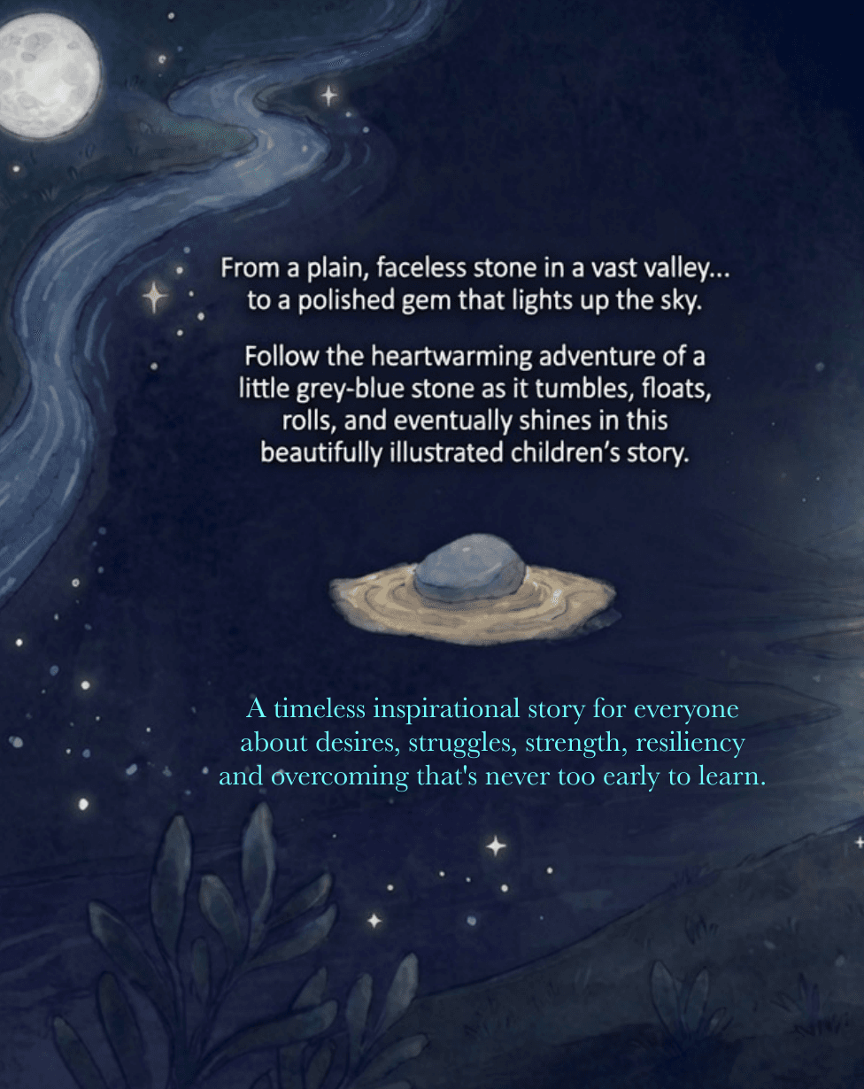 A night watercolor of a moonlit river and a glowing stone, with the book's closing invitation to keep going.