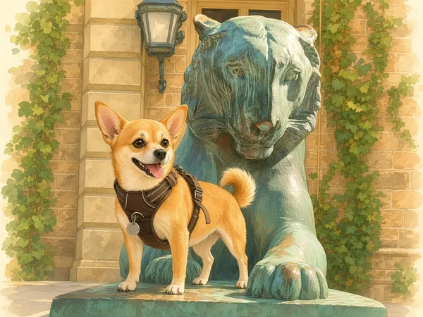 Illustration of Buddy standing proudly in front of a giant bronze tiger statue