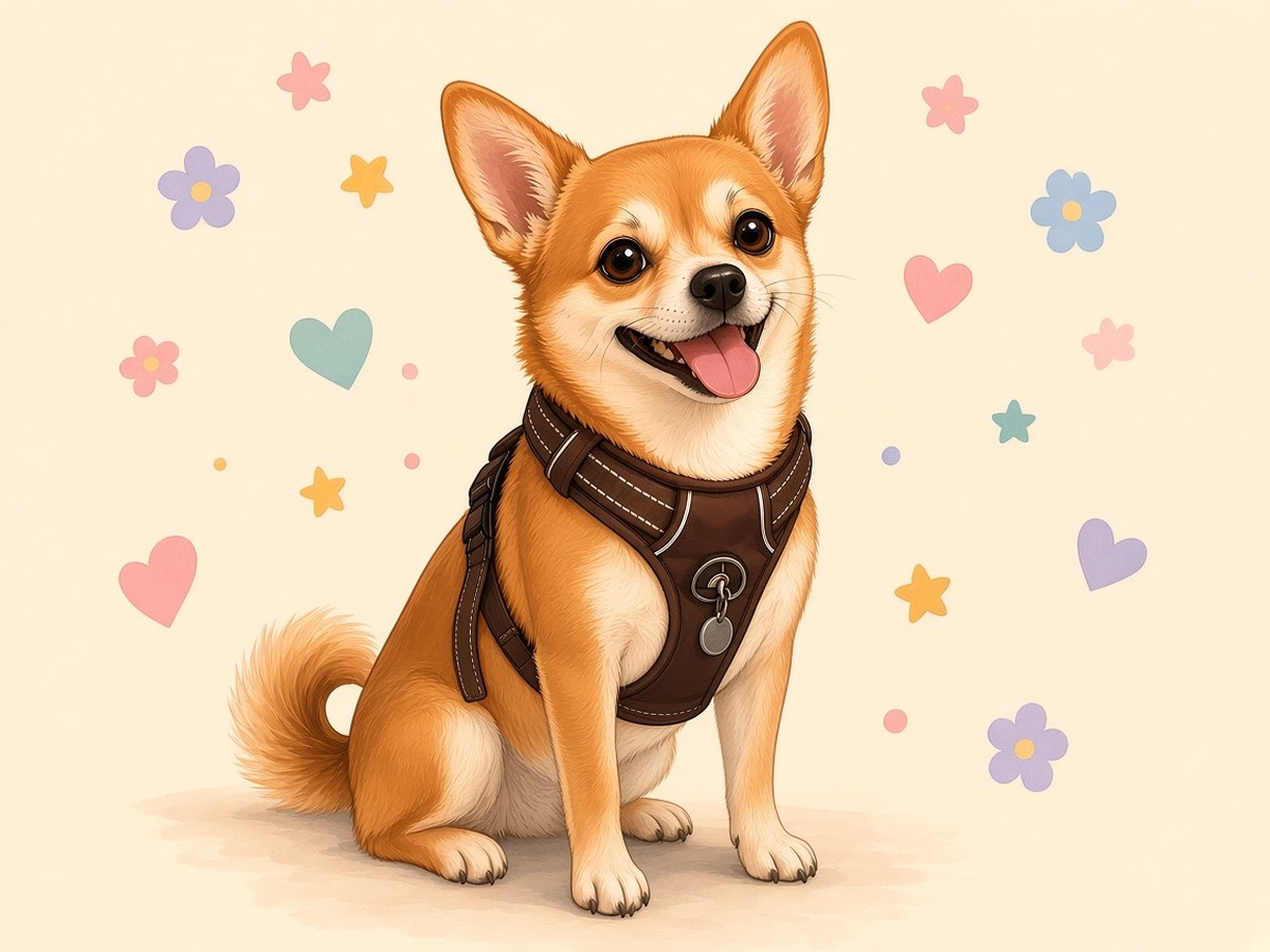 Illustration of Buddy, a small mostly-Corgi mix with a red-gold fox-colored coat and cream chest, in a brown harness, sitting and smiling
