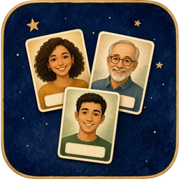 Icon: three friendly portrait cards with blank name tags